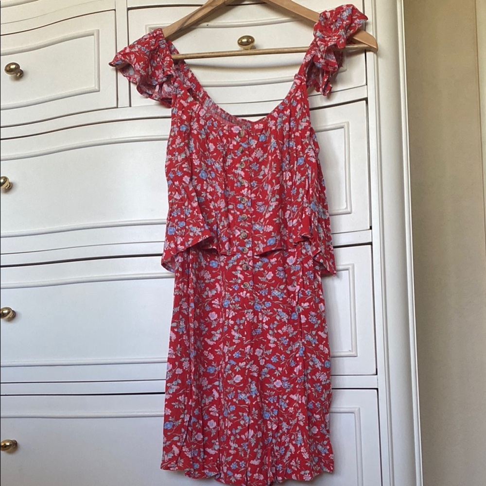 American Eagle Red Floral Ruffle Romper